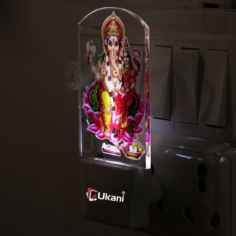 UKANI® UV 016 GANESHA WITH LAXMI   Design single color white light UV Multi color Print Night Lamp for Temple/Home/Office/gift