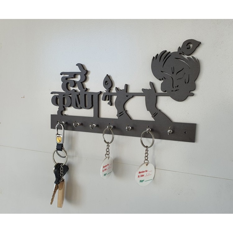 UKANI WOODAN MADE HARE KRISHNA DESIGN WALL KEY HOLDER WITH STEEL KEY RACK FOR HOME/KITCHAN/OFFICE/GIFT