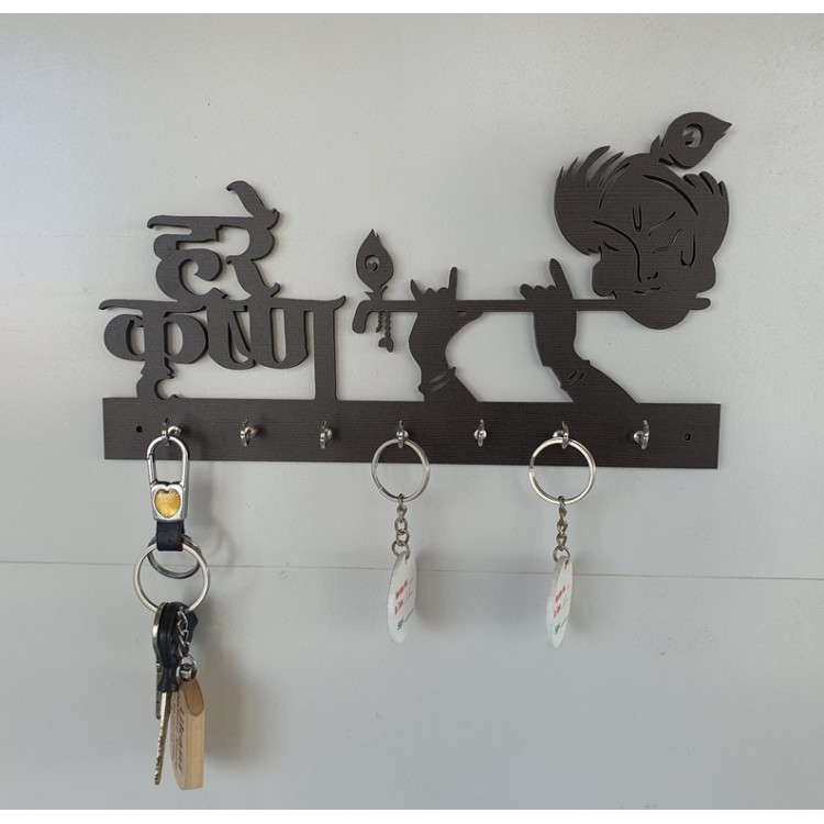 UKANI WOODAN MADE HARE KRISHNA DESIGN WALL KEY HOLDER WITH STEEL KEY RACK FOR HOME/KITCHAN/OFFICE/GIFT