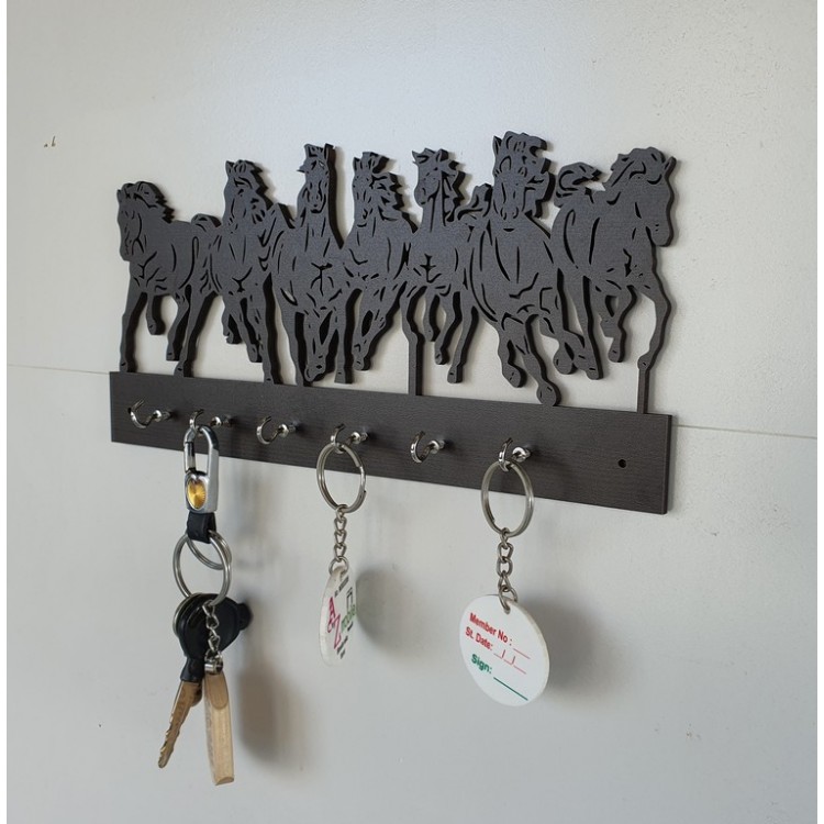 UKANI WOODAN MADE 7 HORSE DESIGN WALL KEY HOLDER WITH STEEL KEY RACK FOR HOME/KITCHAN/OFFICE/GIFT
