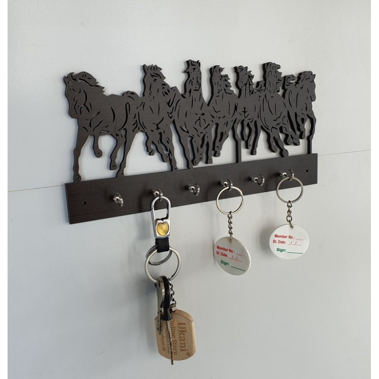 UKANI WOODAN MADE 7 HORSE DESIGN WALL KEY HOLDER WITH STEEL KEY RACK FOR HOME/KITCHAN/OFFICE/GIFT
