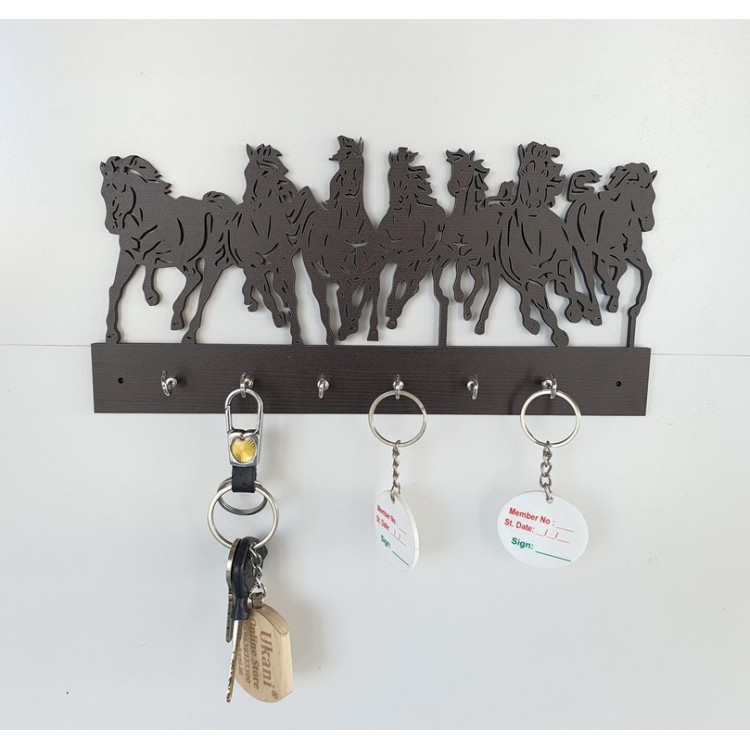 UKANI WOODAN MADE 7 HORSE DESIGN WALL KEY HOLDER WITH STEEL KEY RACK FOR HOME/KITCHAN/OFFICE/GIFT