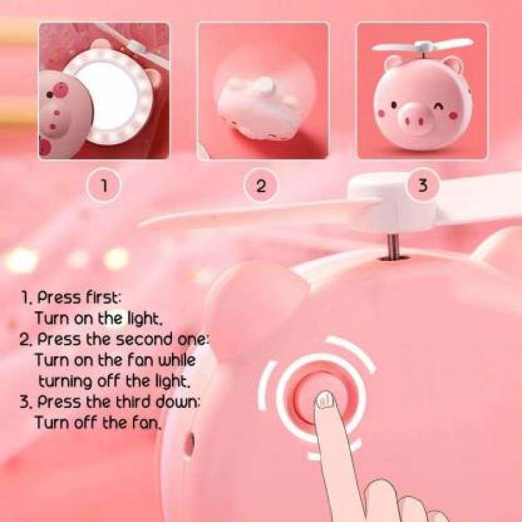 Ukani Small Cute Pig Head Shape Fill Light LED Mirror Fan USB Portable Charging Pocket Fan Makeup Mirror
