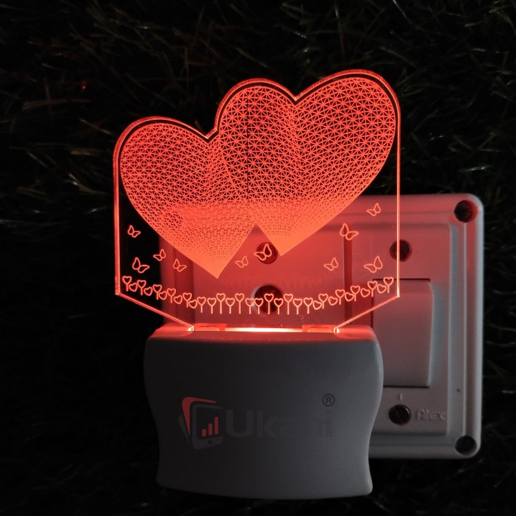 UKANI 3D Dual Heart Night lamp with 7 color automatic Changing Light For Home bedroom Gift  Cafe Office Valentine Gift  size (3 inch )