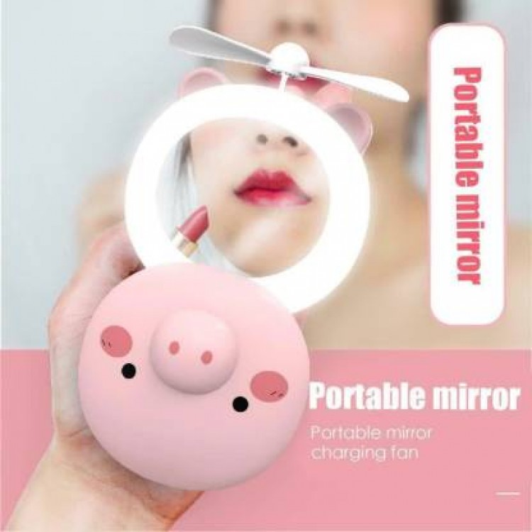 Ukani Small Cute Pig Head Shape Fill Light LED Mirror Fan USB Portable Charging Pocket Fan Makeup Mirror